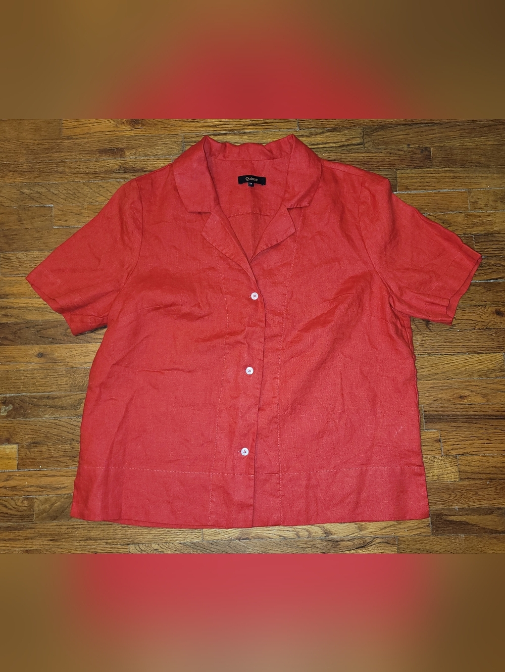 Quince 100% European Flax Linen Short Sleeve Button Up Shirt Top Red M
